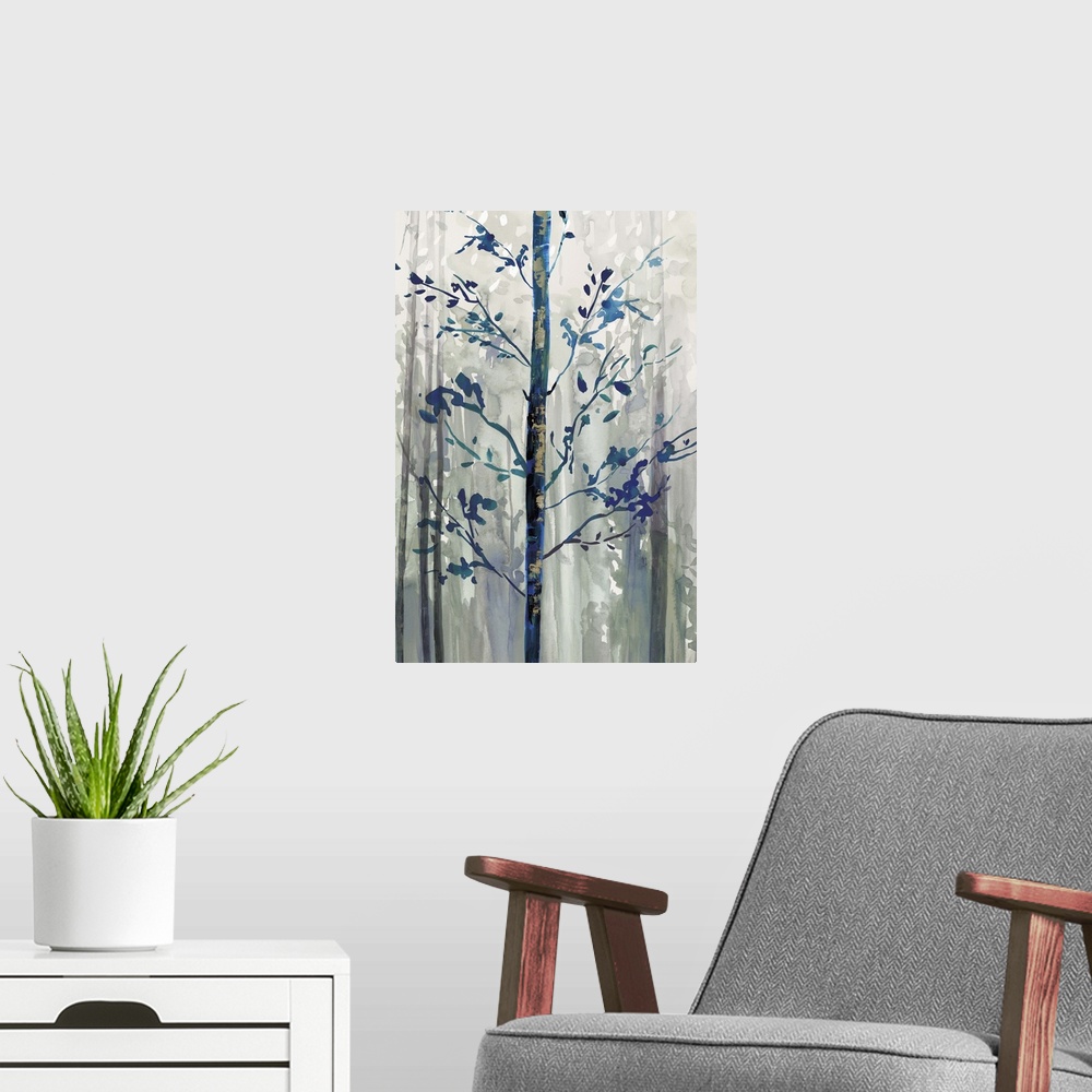 A modern room featuring Contemporary home decor artwork of a forest of a dark blue trees.