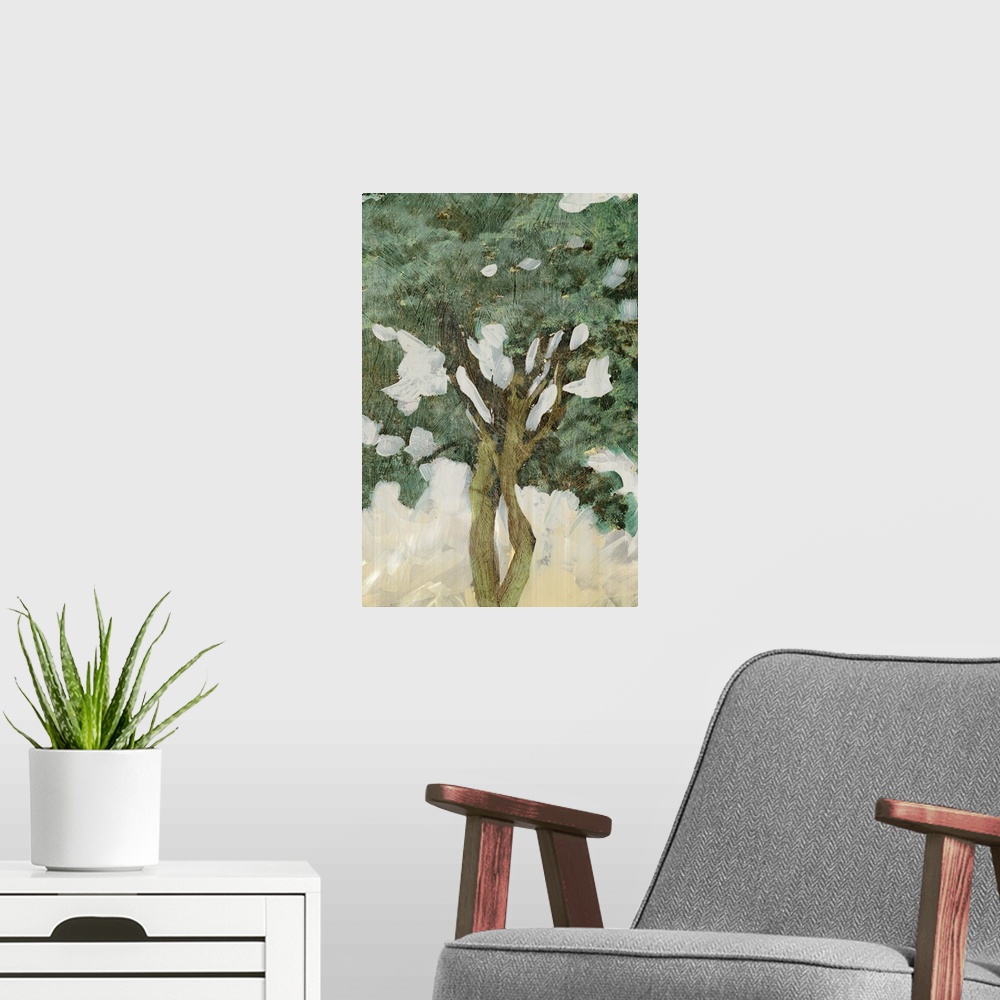 A modern room featuring Contemporary home decor artwork of a tree in pale muted tones against a neutral background.