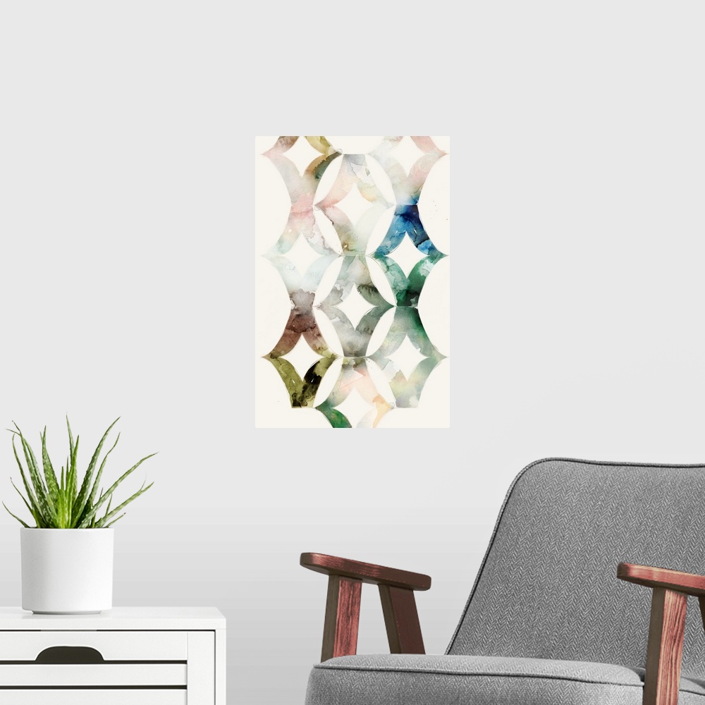 A modern room featuring Watercolor pattern in diamond shapes.