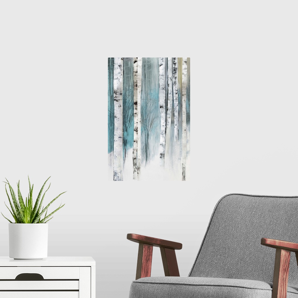 A modern room featuring Vertical painting of tree trunks in shades of blue and gray.