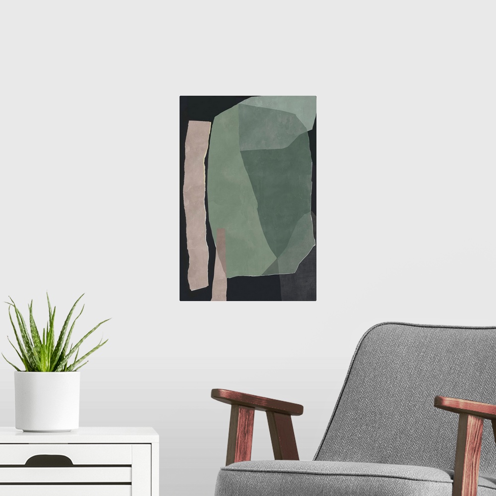 A modern room featuring A contemporary abstract art piece in bold neutrals that resemble torn pieces of paper