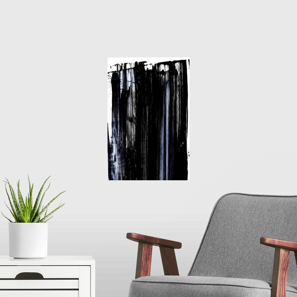 A modern room featuring Abstract painting of large black and blue brush strokes on white