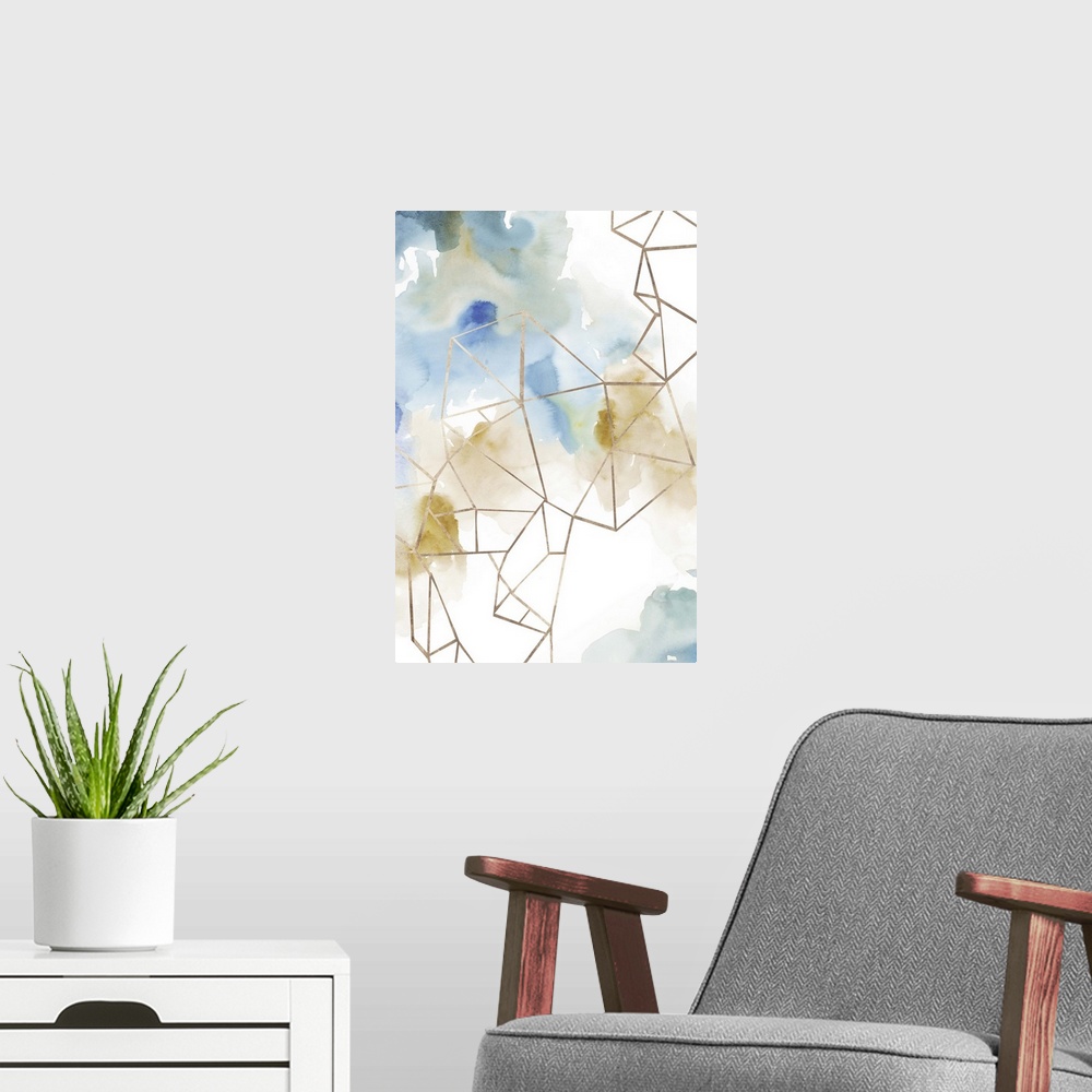 A modern room featuring Abstract watercolor painting of blue and brown with geometric gold lines.