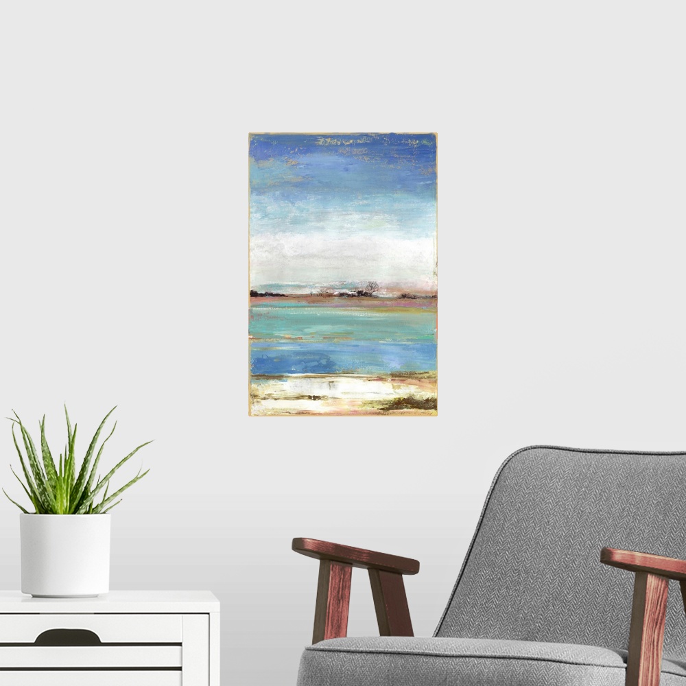 A modern room featuring Vertical artwork of an abstract landscape about a waterfront with blue skies.