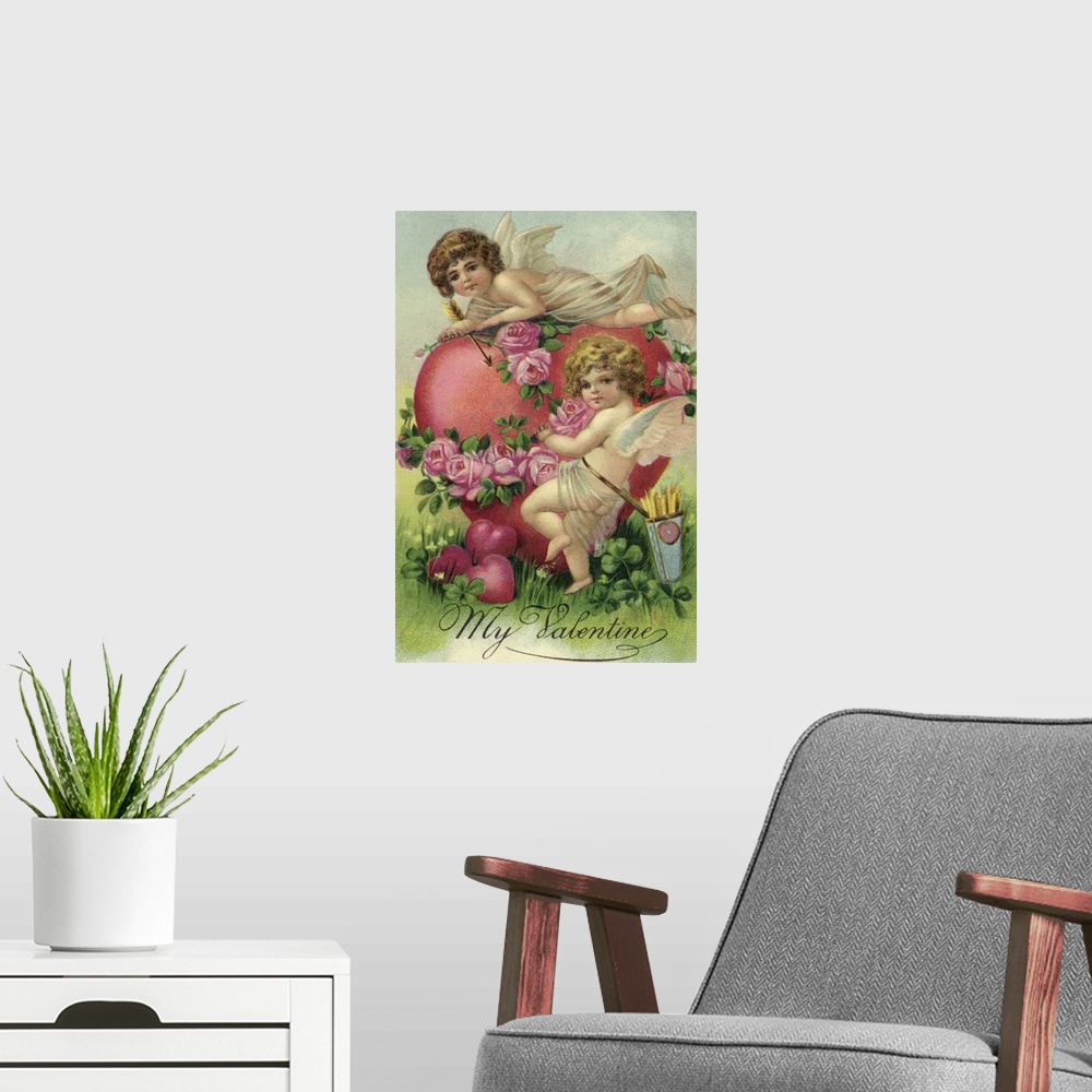 A modern room featuring Two cherubs with pink heart