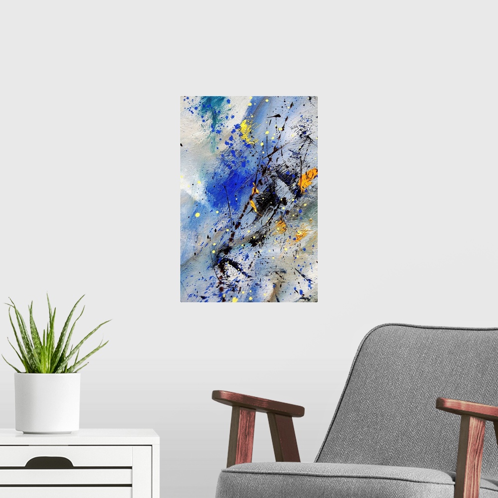 A modern room featuring Vertical abstract painting in shades of orange, yellow, blue, and black mixed in with speckled pa...