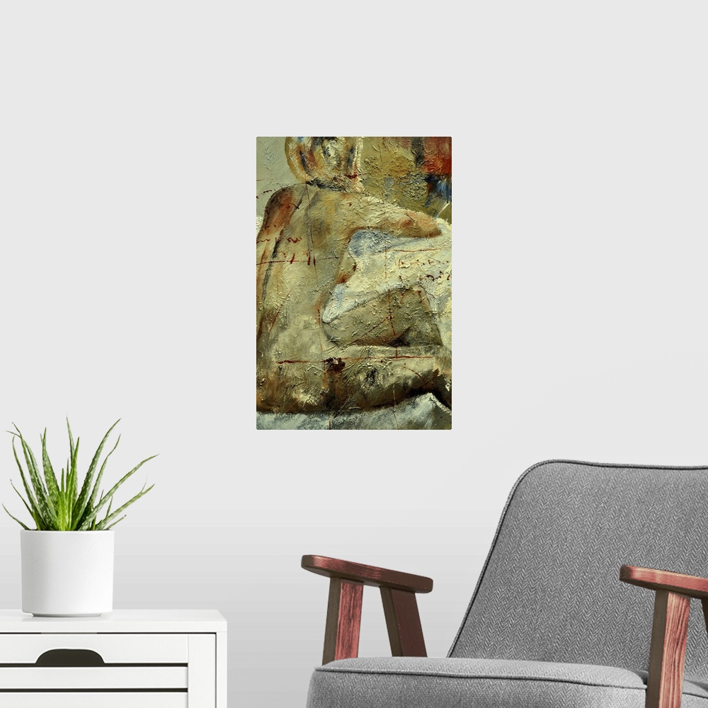 A modern room featuring A nude painting of the back of a woman sitting in textured neutral colors and red accents.
