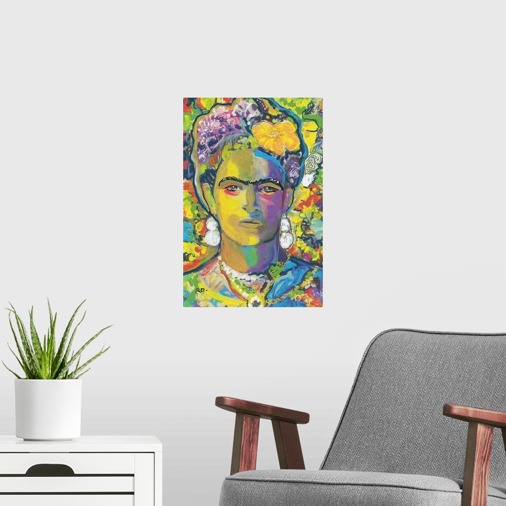 A modern room featuring Yellow Frida by RD Riccoboni, painted in gold and yellow tones with red blue green purple and orange