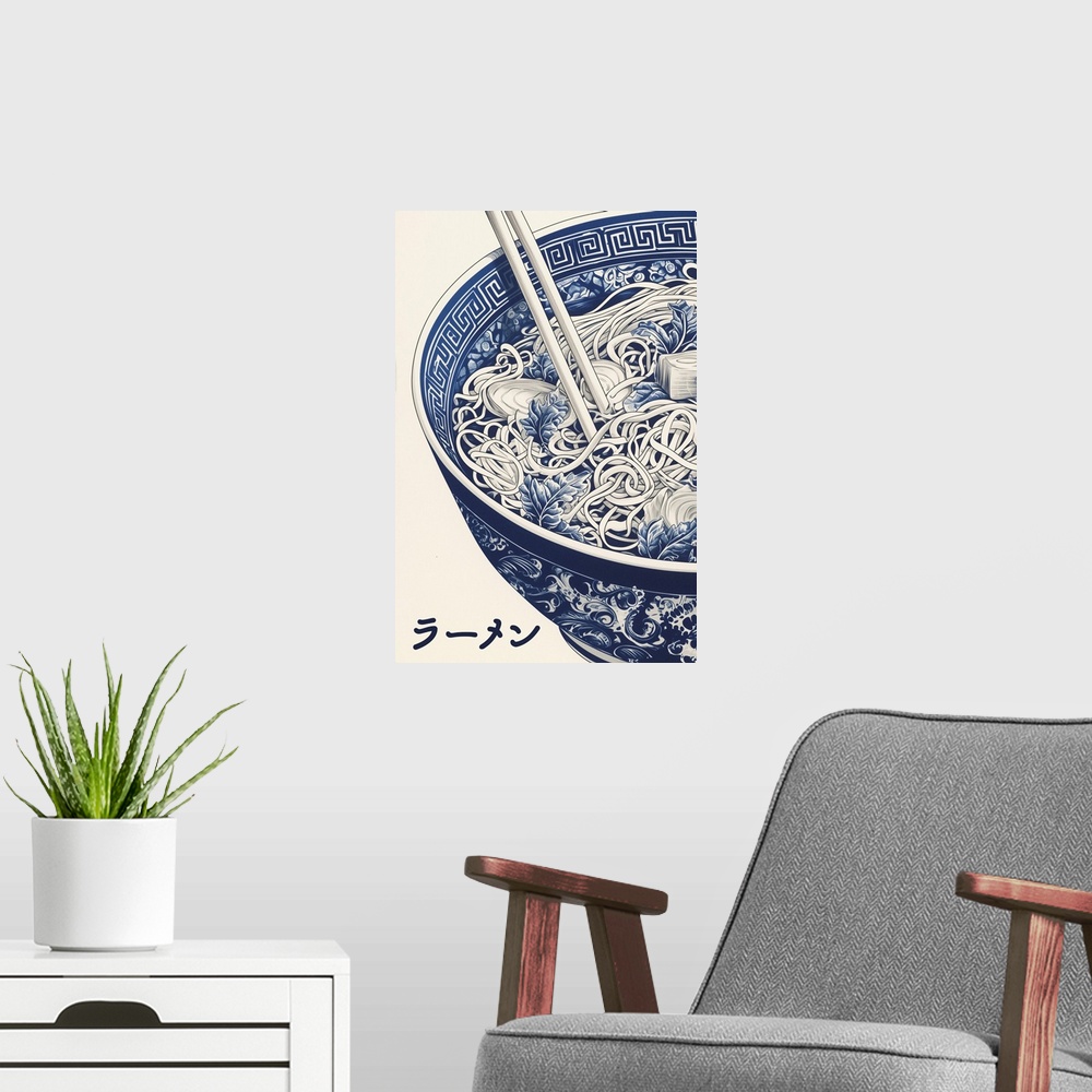A modern room featuring Bowl Of Ramen - Classic Blue And White Illustration