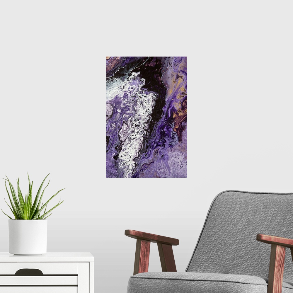 A modern room featuring Abstract contemporary painting in black, white and purple tones, in a marbling effect.