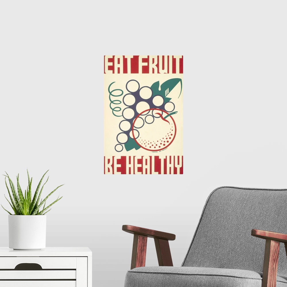 A modern room featuring Eat fruit, be healthy. Poster promoting proper dietary habits, showing stylized fruit. Library of...