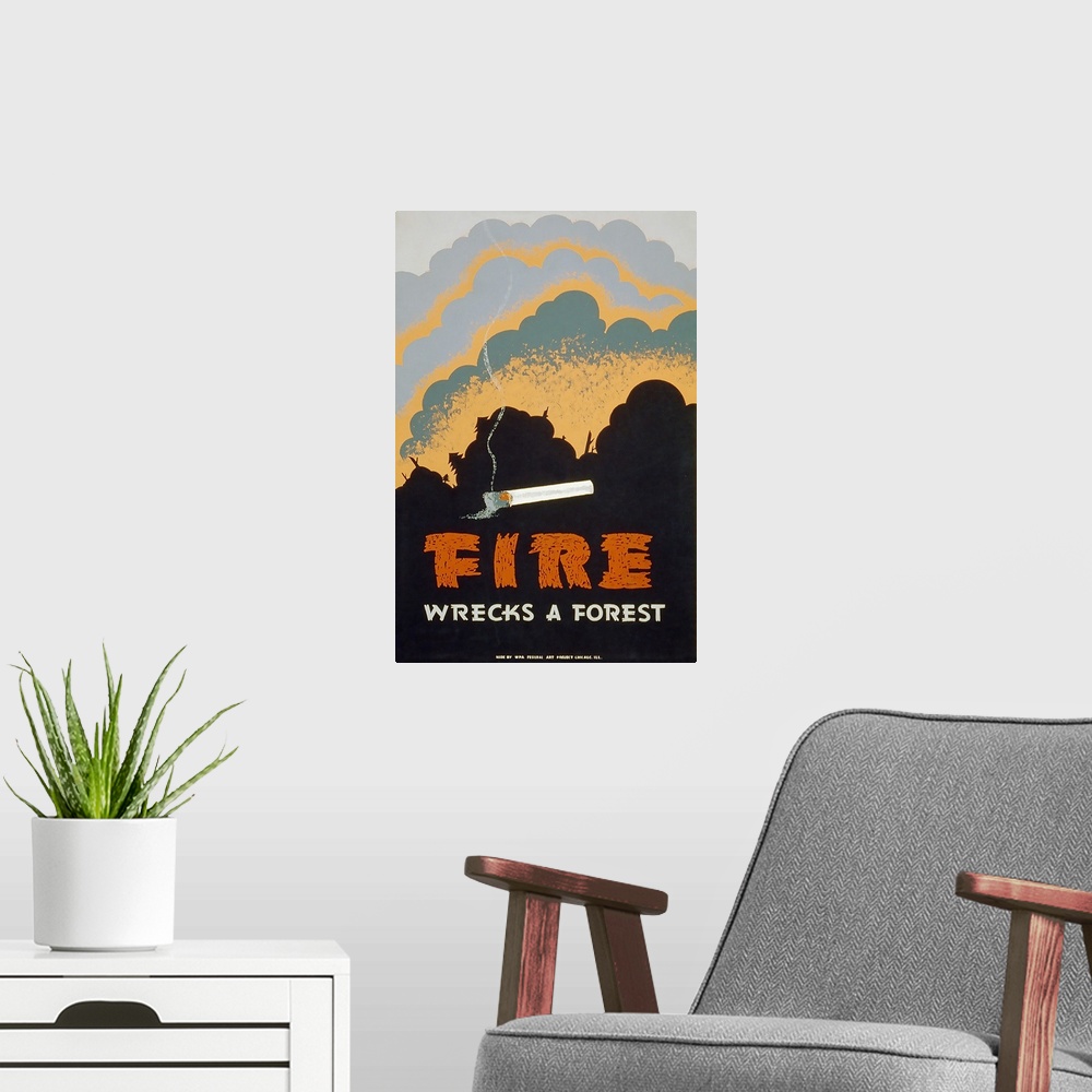 A modern room featuring Fire Wrecks A Forest. Poster for forest fire prevention showing a burning cigarette and a forest ...
