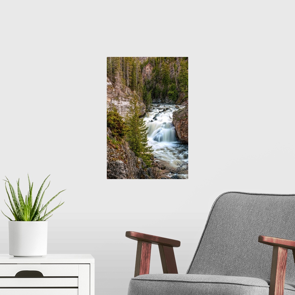 A modern room featuring Tranquil waterfall in Yellowstone National Park.