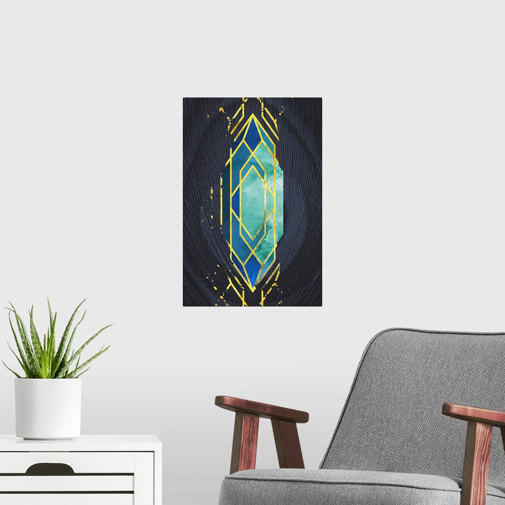 A modern room featuring Geometric artwork in shades of blue with a golden diamond pattern on a background of dark navy bl...