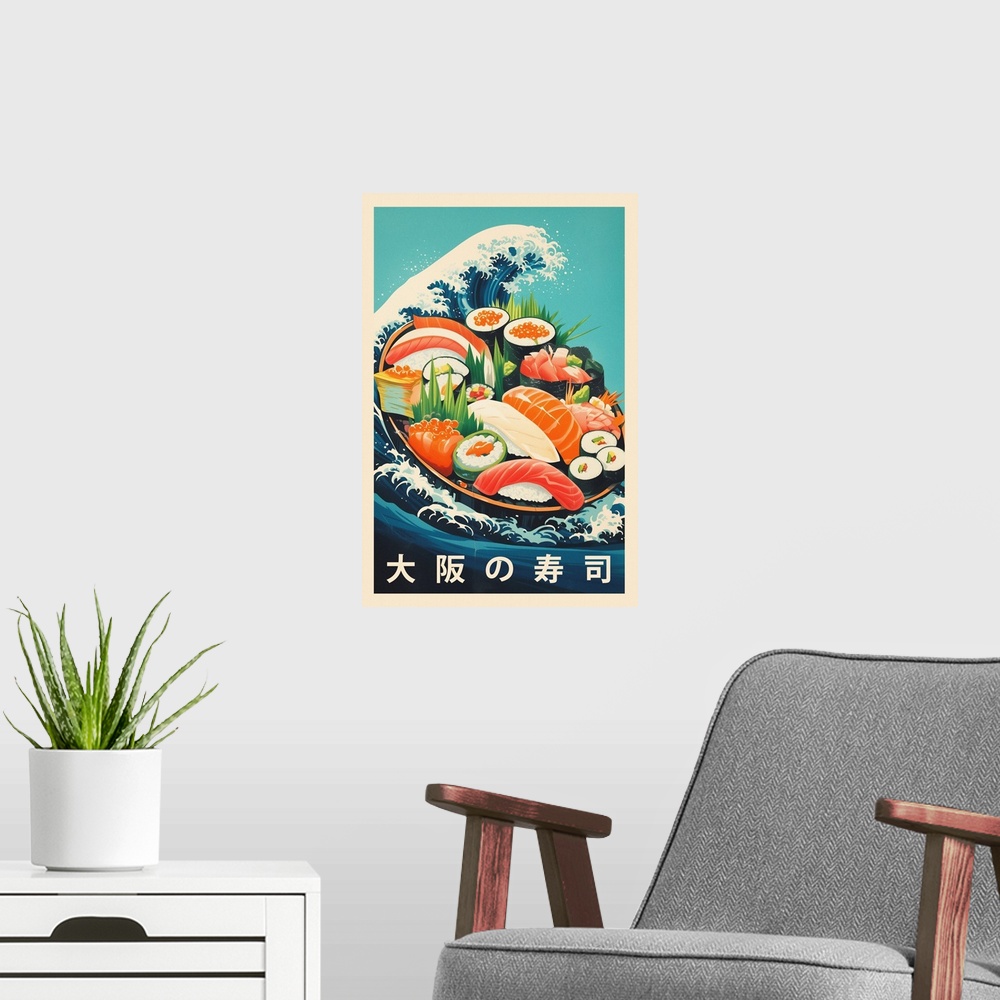 A modern room featuring Great Sushi Wave - Retro Food Advertising Poster