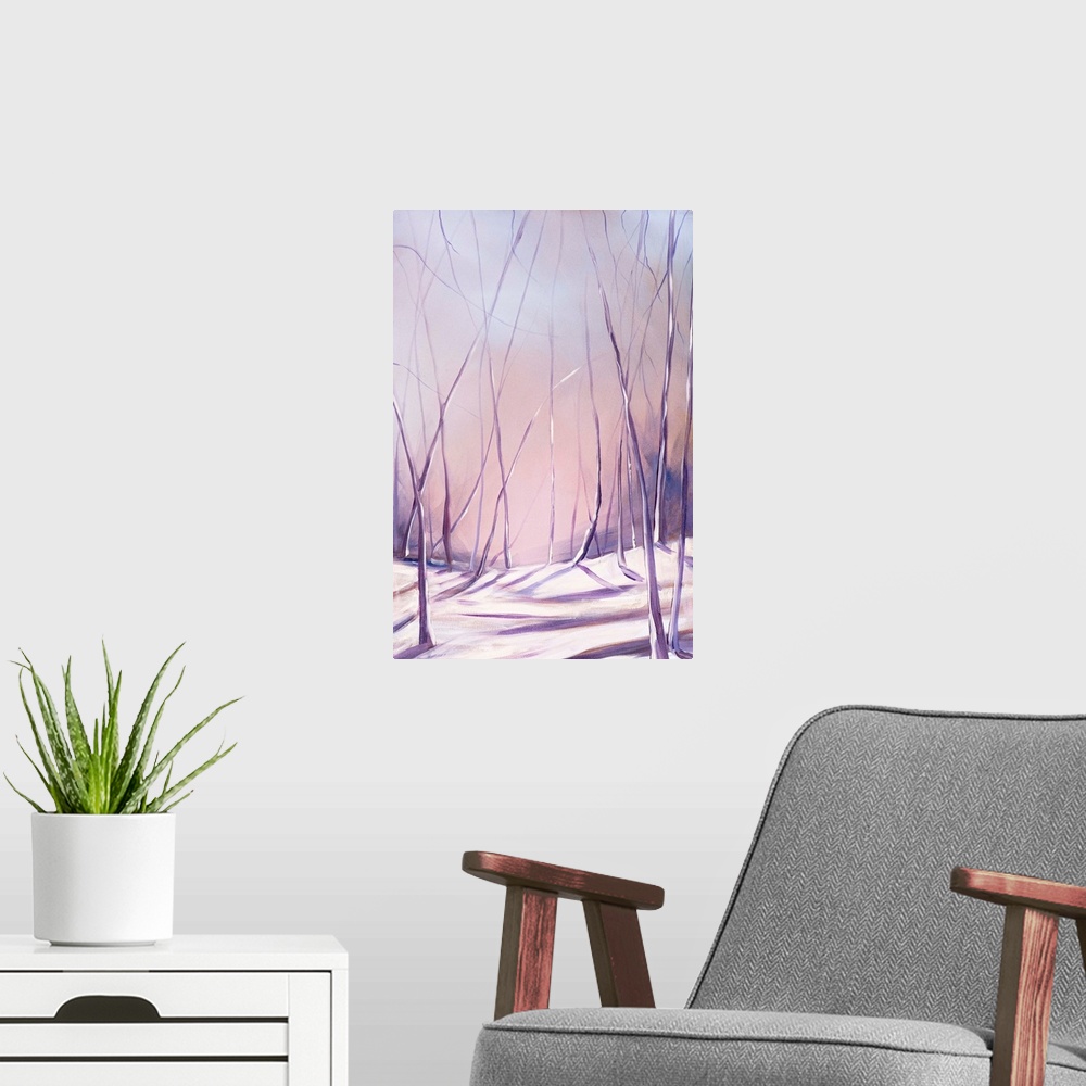 A modern room featuring Contemporary painting of a forest in the winter in lavender tones.