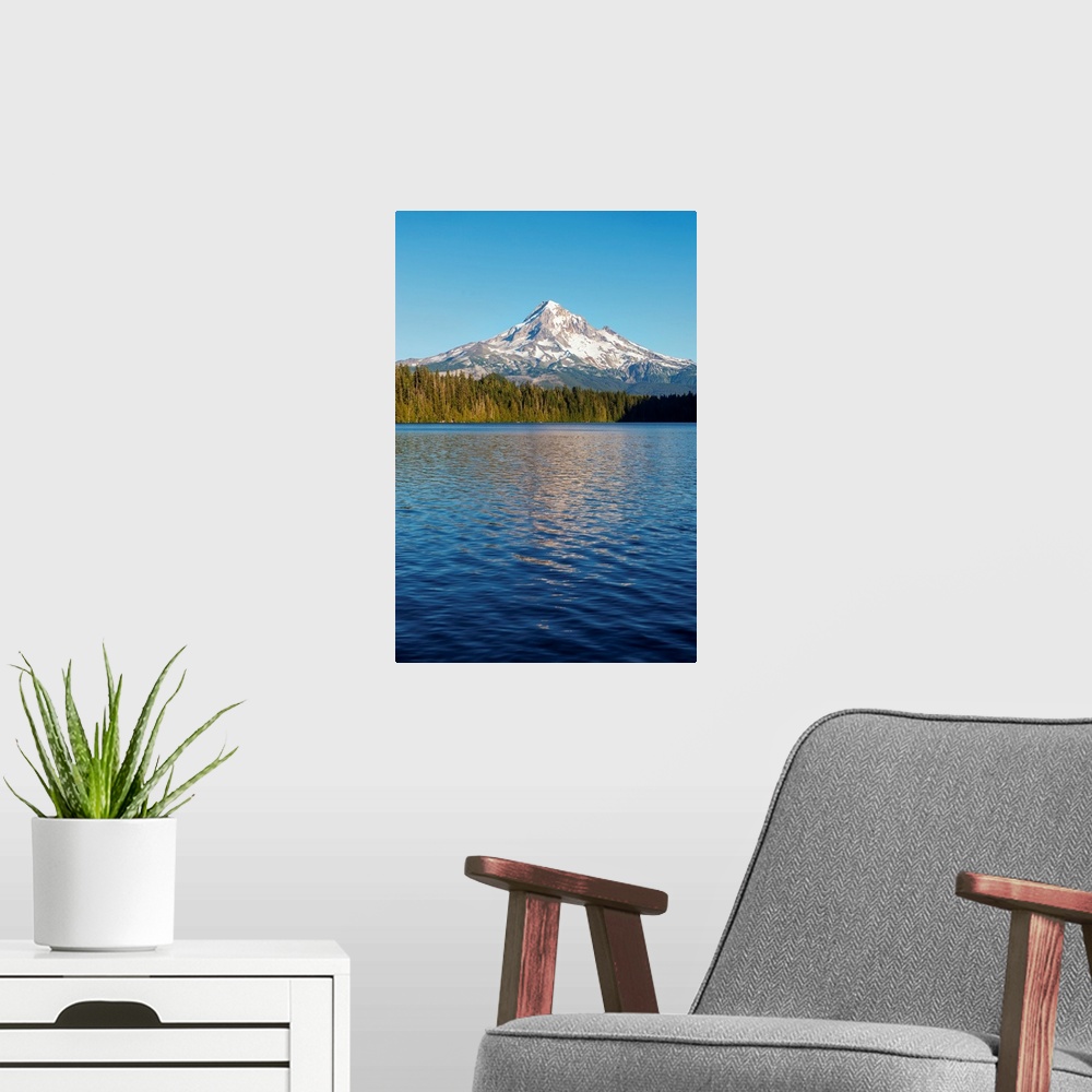 A modern room featuring View of Lost Lake with Mount Hood in the background, Portland, Oregon.
