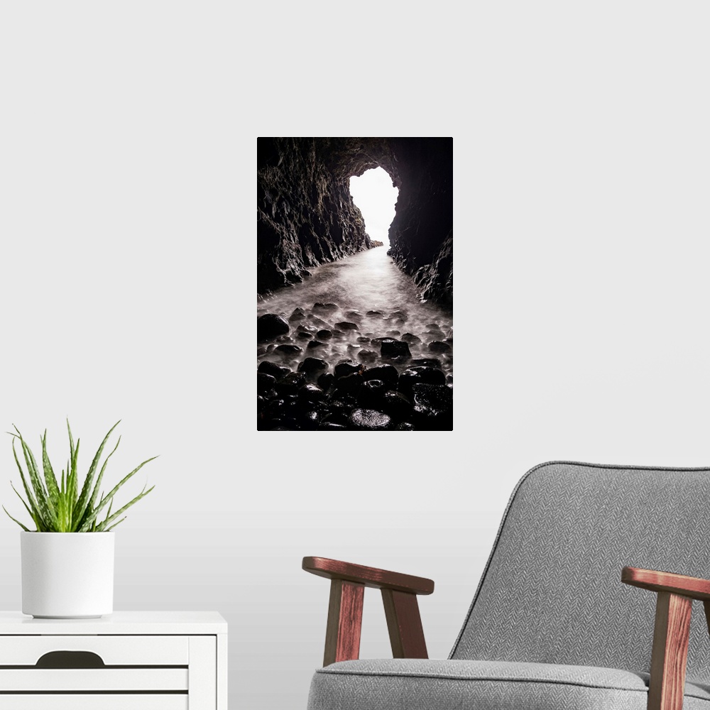 A modern room featuring Photograph from inside Mermaid's Cave underneath Dunluce Castle in County Antrim, Ireland.