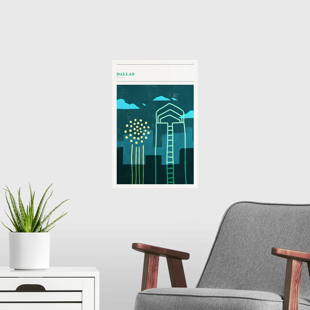 A modern room featuring Vertical modern illustration of the the city skyline of Dallas, Texas in shades of blue and green.