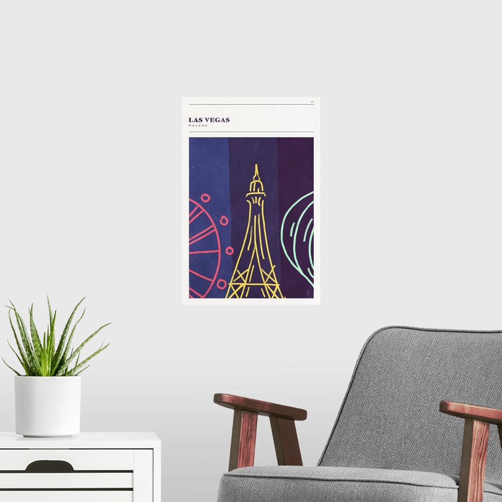A modern room featuring Vertical modern illustration of the famous city sights of Las Vegas, NV.