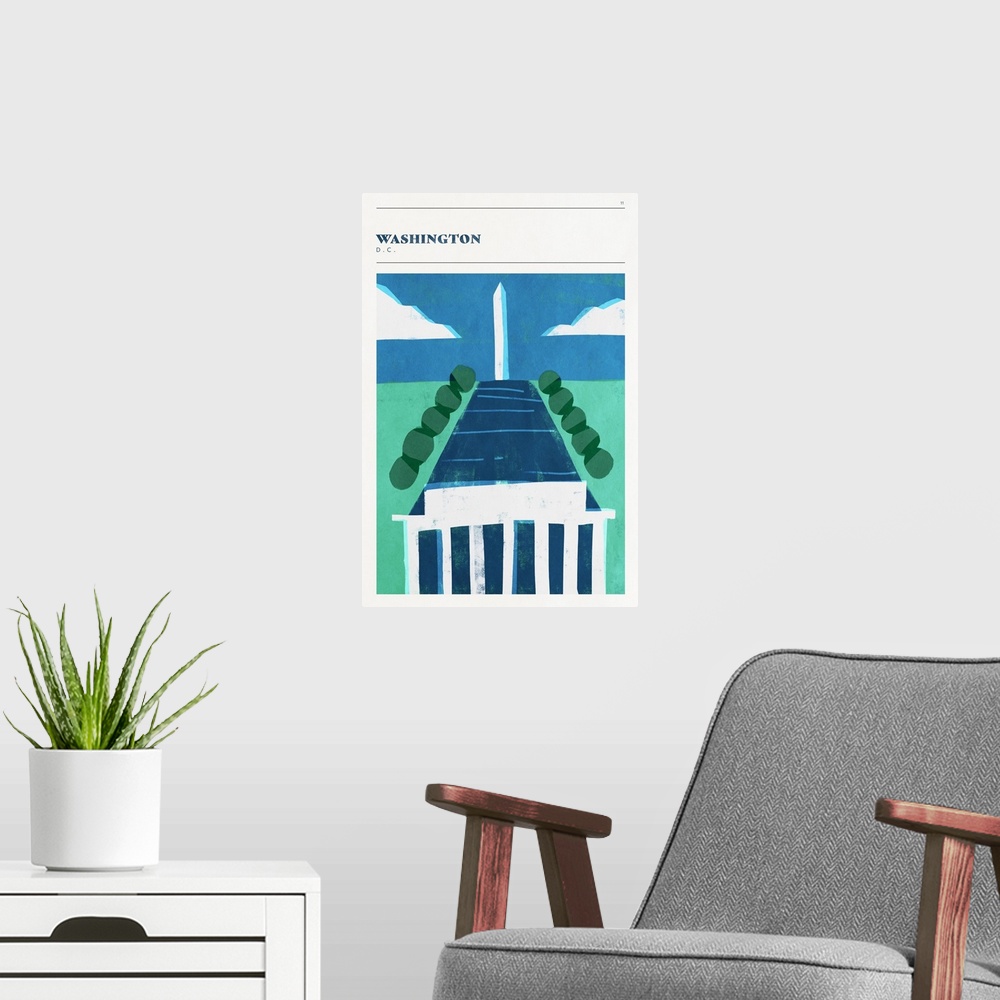 A modern room featuring Vertical modern illustration of the Washington Monument and Lincoln Memorial in Washington, DC.