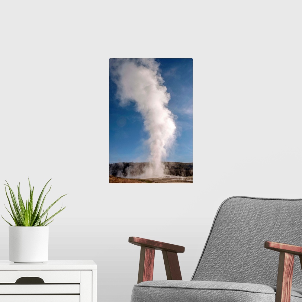 A modern room featuring The famous geyser, Old Faithful erupts into a tower of steam at Yellowstone National Park.