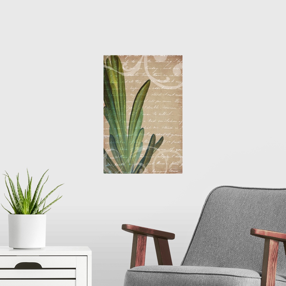 A modern room featuring Vintage style artwork of a sprig of rosemary with white handwritten text.