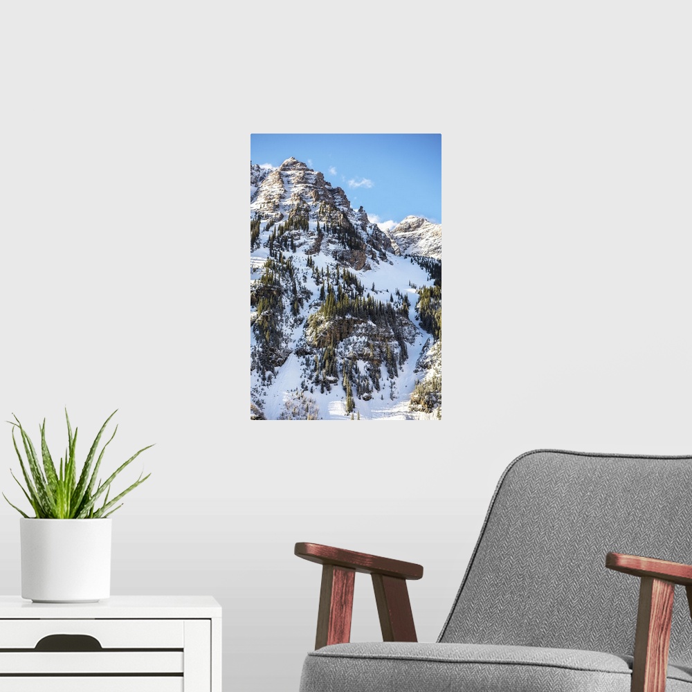 A modern room featuring Snow and pine trees on the mountainside under a blue sky, Maroon Bells, Colorado.