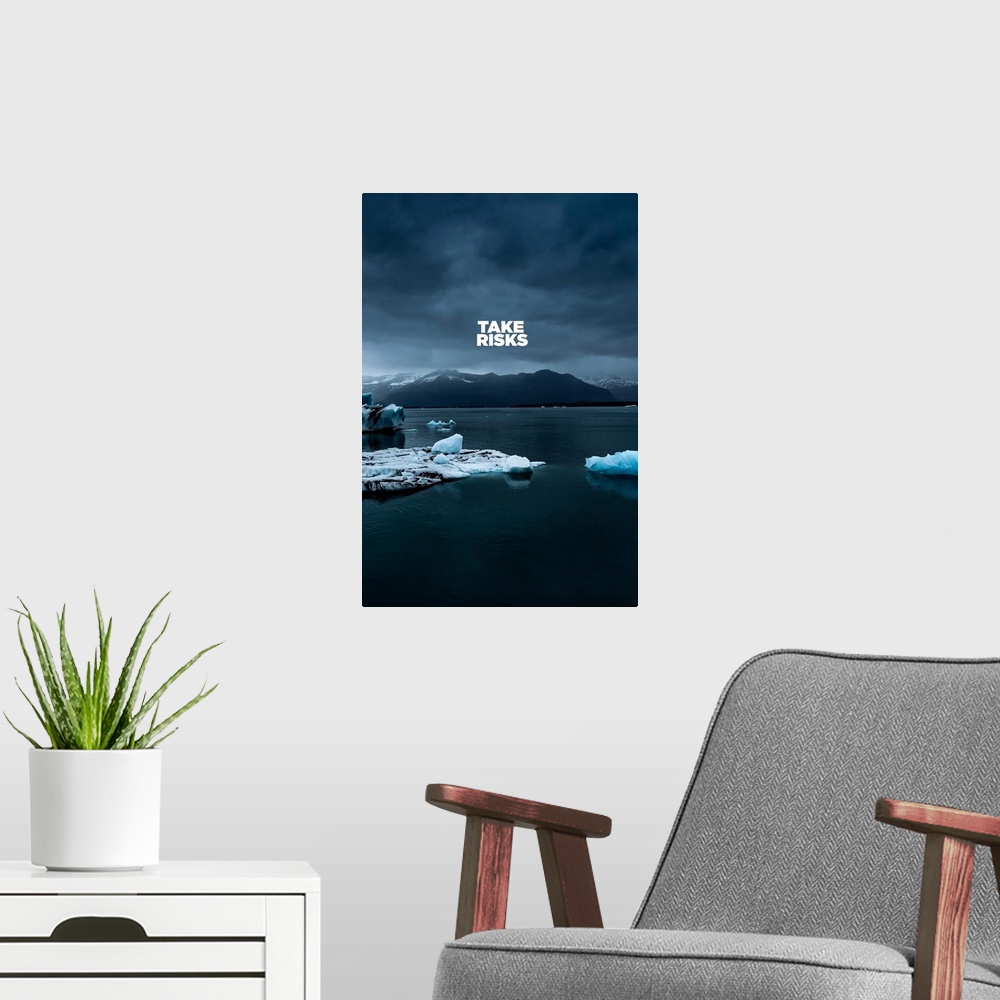 A modern room featuring Motivational sentiment over immense arctic scenery.