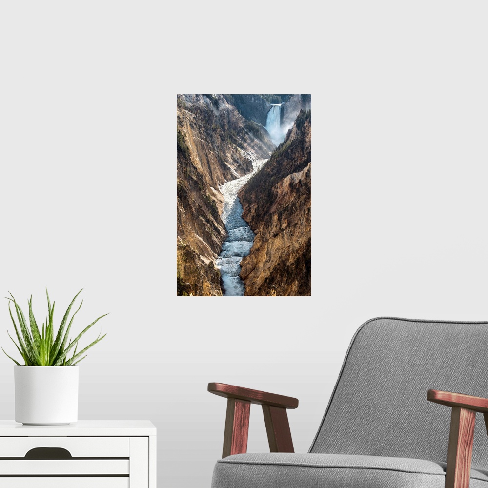 A modern room featuring Lower Yellowstone falls is one of two major waterfalls on the Yellowstone River.