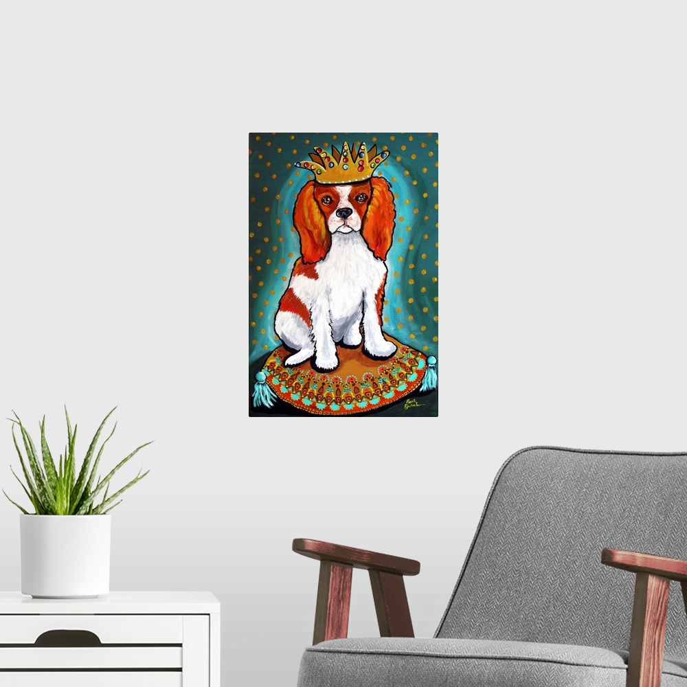 A modern room featuring Painting of a King Charles Spaniel wearing a crown.