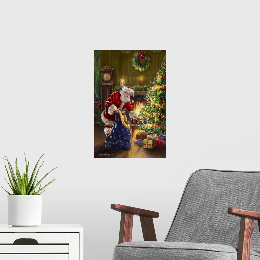 A modern room featuring Contemporary painting of Santa placing gifts on a Christmas tree from his blue sack with a fire b...