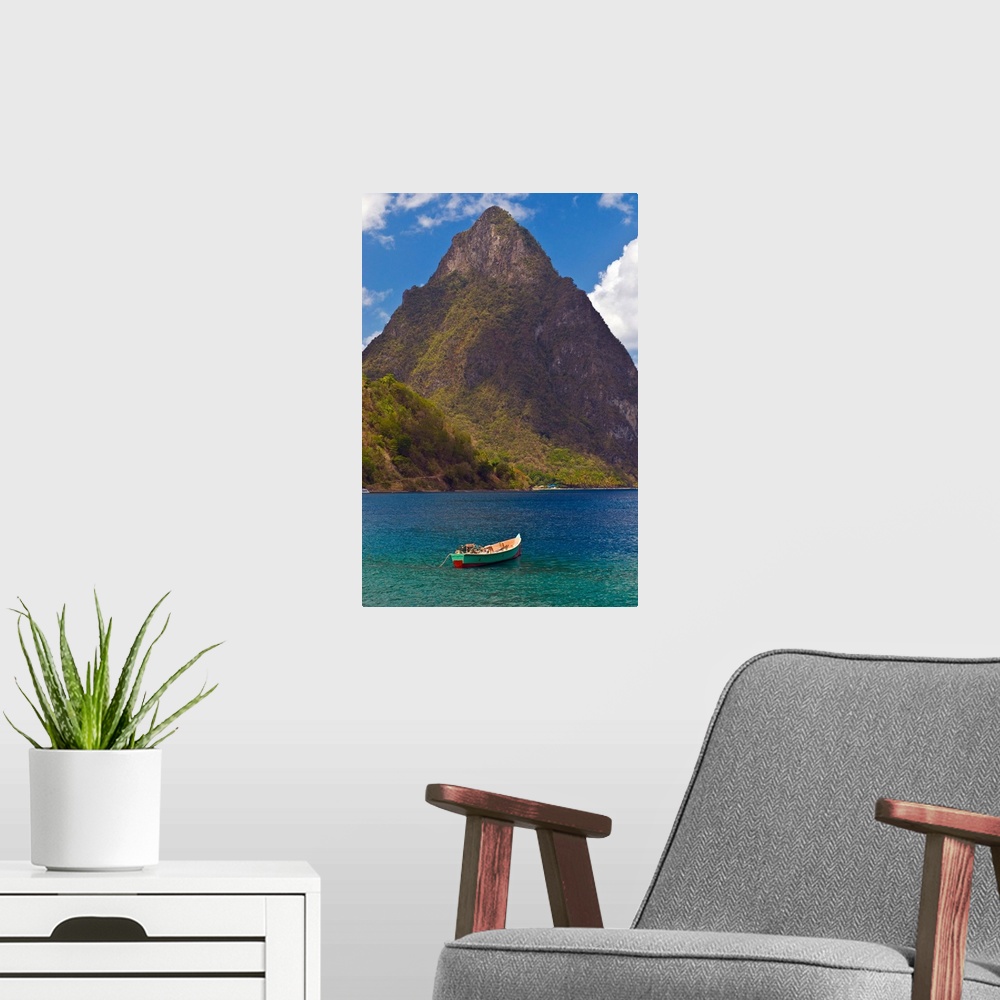 A modern room featuring A wooden rowboat in the Atlantic Ocean, St. Lucia, Windward Islands, Caribbean
