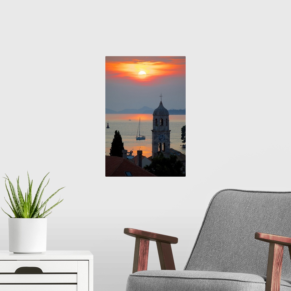 A modern room featuring Adriatic sunset, Cavtat, Dubrovnik Riviera, Dalmatian Coast, Dalmatia, Croatia, Europe.