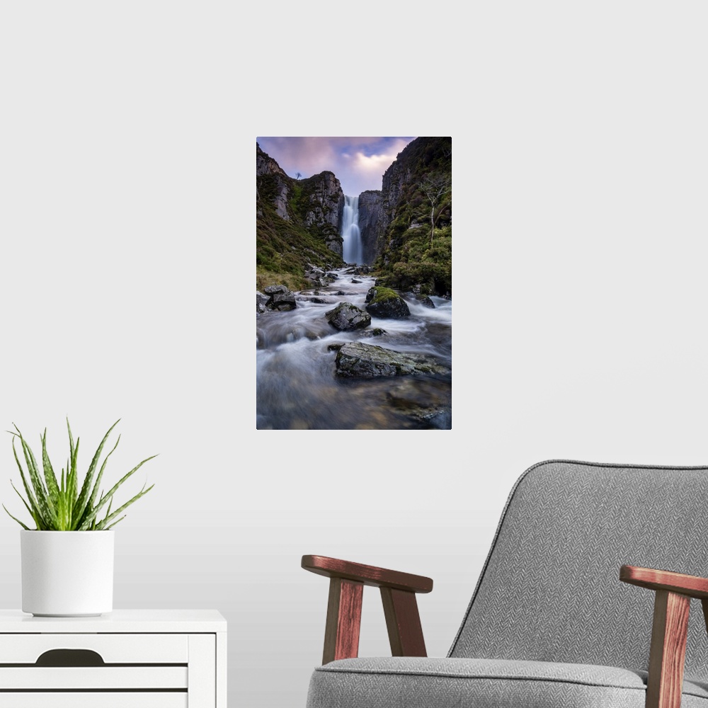 A modern room featuring Allt Chranaidh (Wailing Widow Waterfall), near Kylesku, Sutherland, Scottish Highlands, Scotland,...