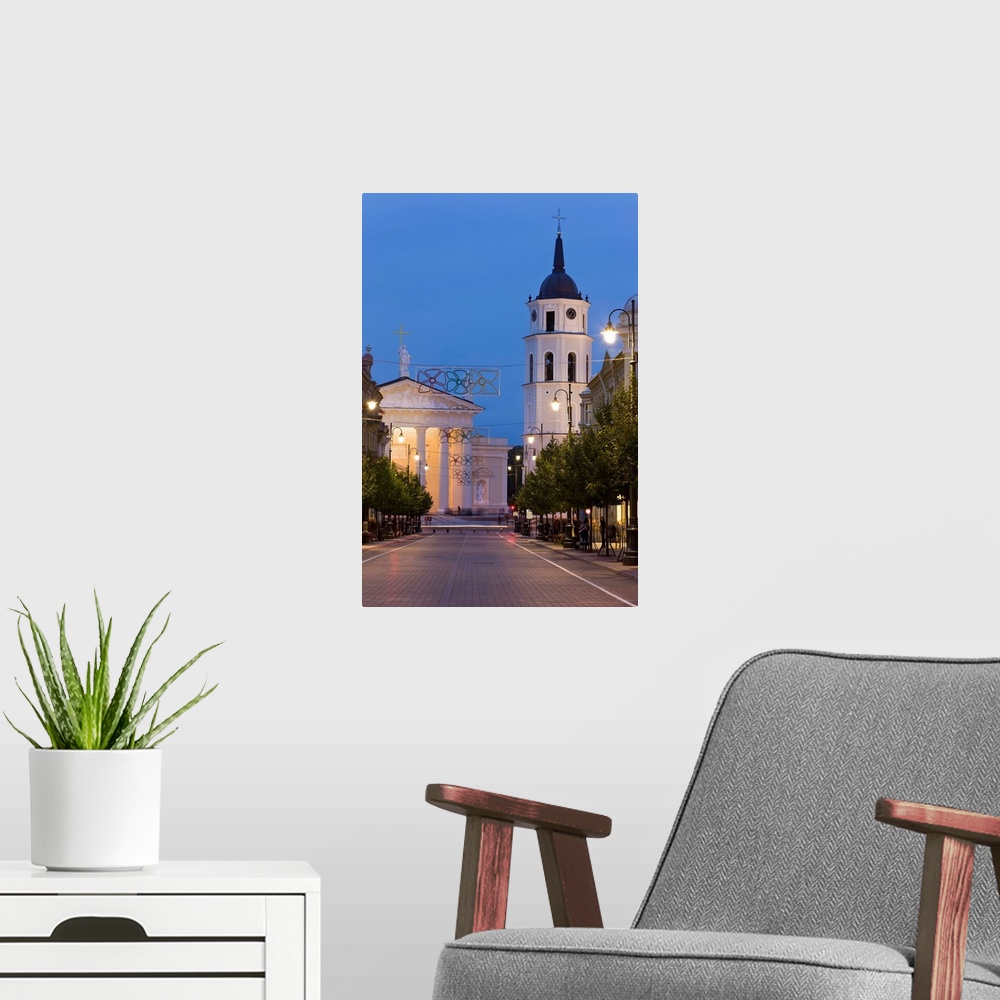 A modern room featuring Cathedral and Bell Tower looking along Gedimino street, Vilnius, Lithuania