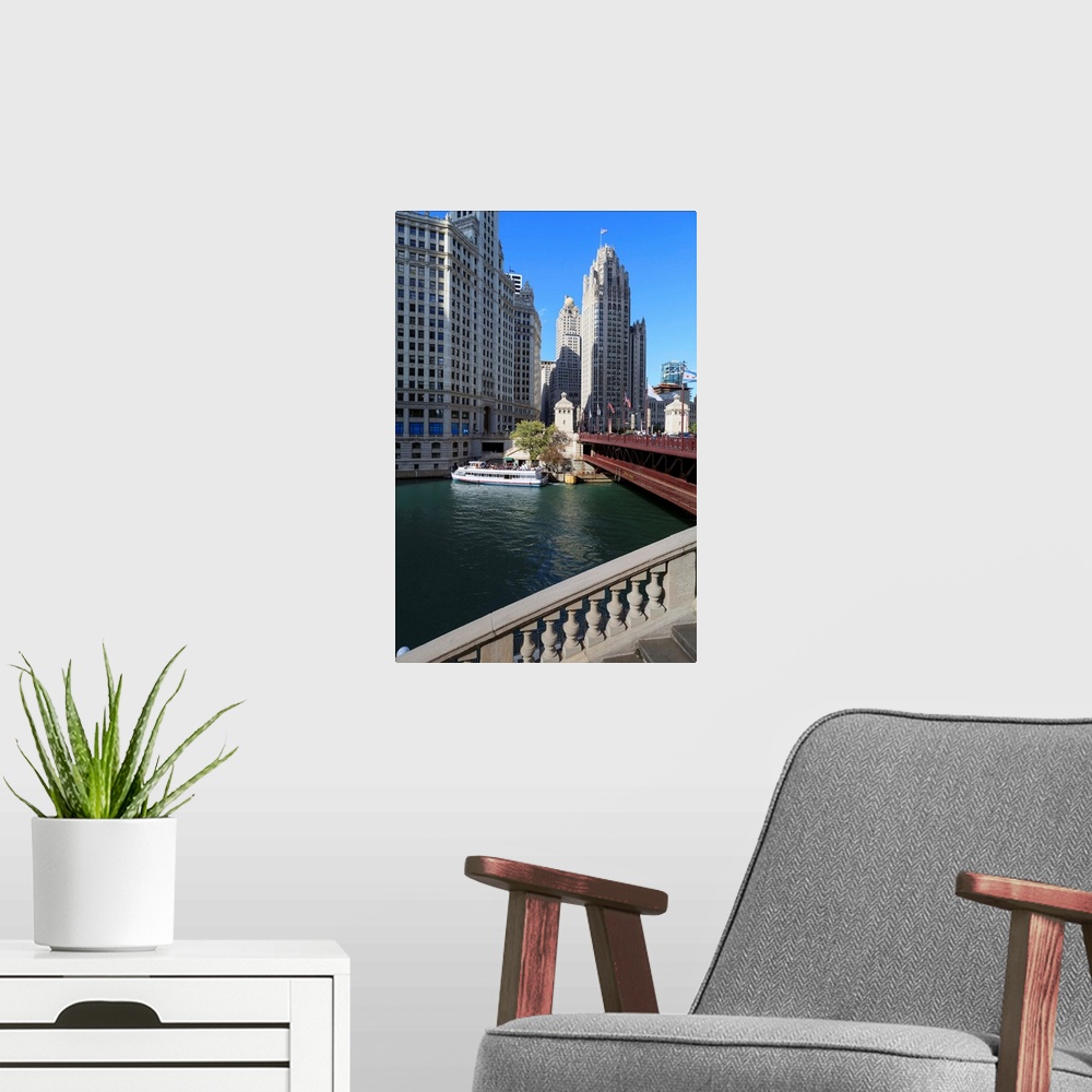 A modern room featuring Chicago River and DuSable Bridge, Chicago, Illinois