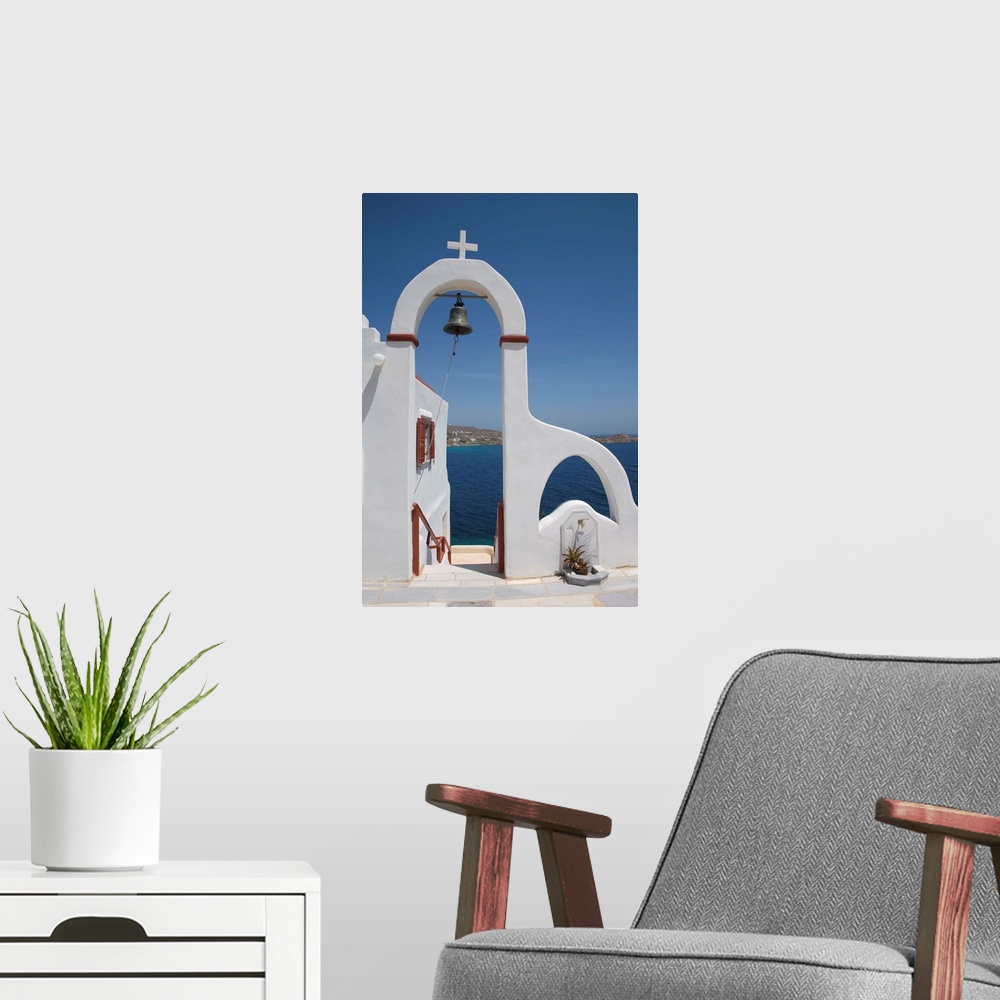 A modern room featuring Church near the beach of Psarou, Mykonos, Cyclades, Greek Islands, Greece