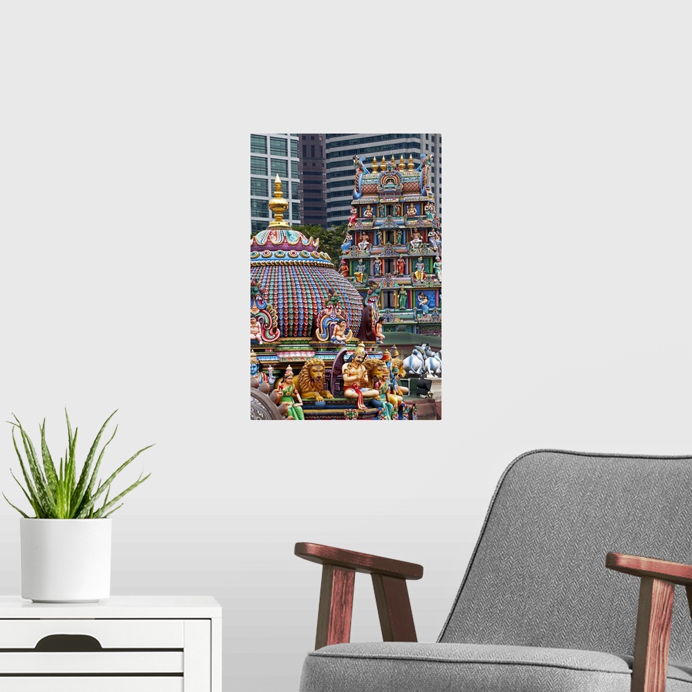 A modern room featuring Close up of the Gopuram of the Sri Mariamman Temple, Singapore