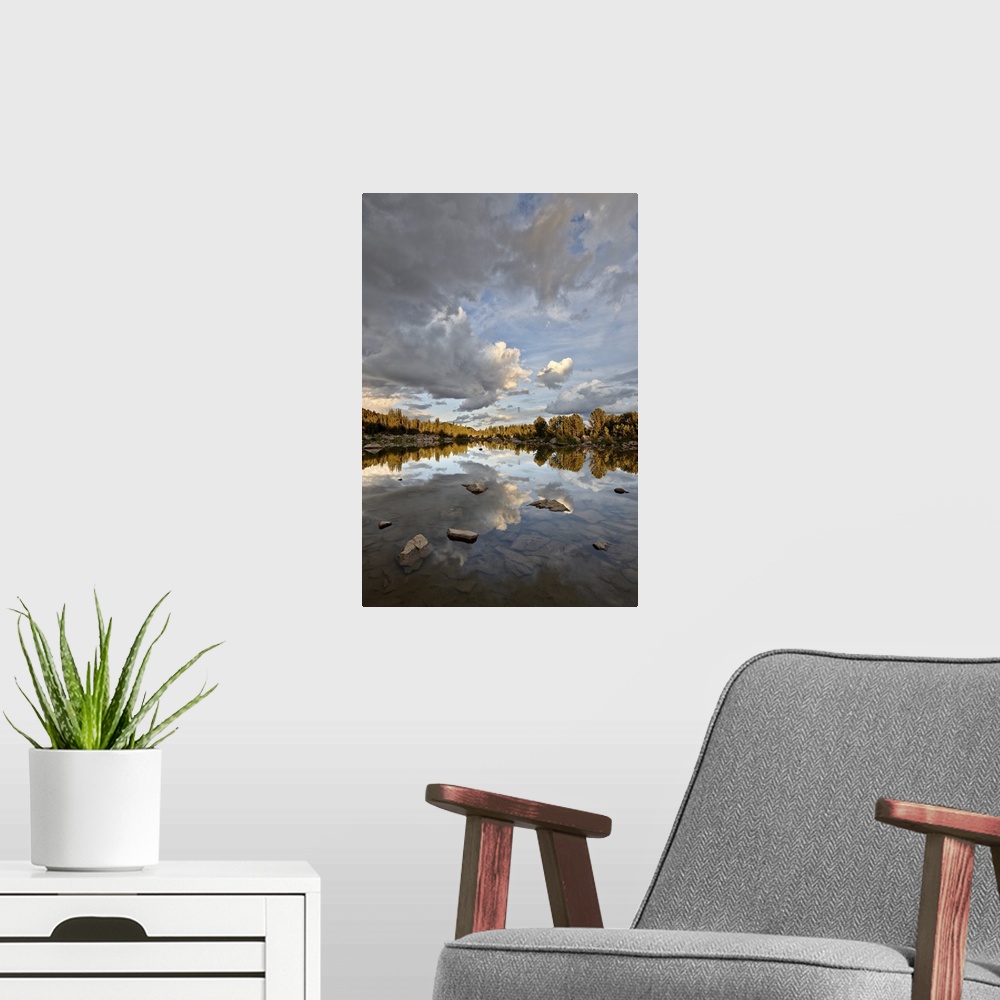 A modern room featuring Clouds at sunset reflected in an unnamed lake, Shoshone National Forest, Wyoming