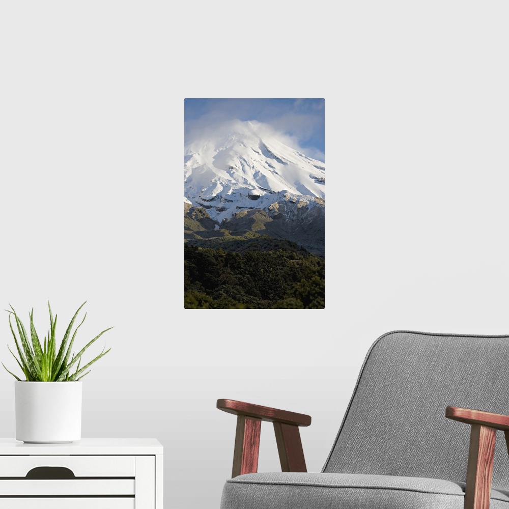 A modern room featuring Dormant volcano Mount Egmont, Egmont National Park, North Island, New Zealand