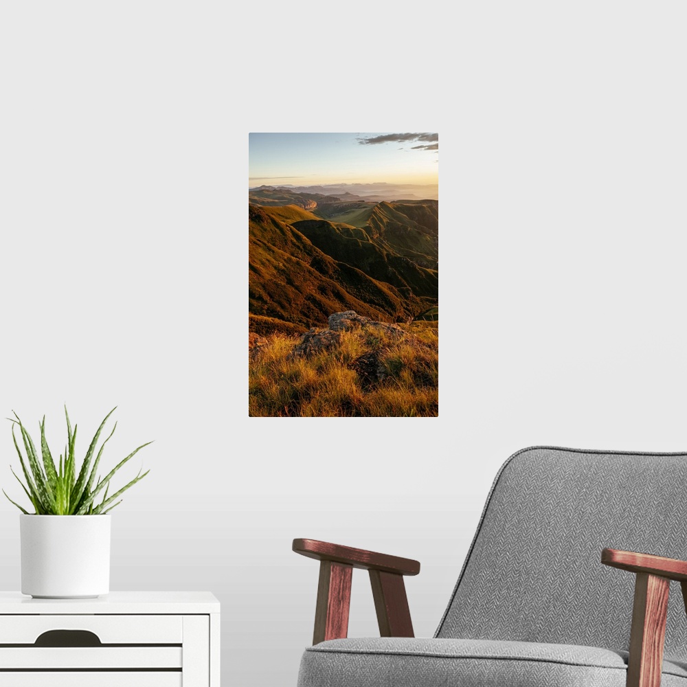 A modern room featuring Dawn, Drakensberg Mountains, Royal Natal National Park, KwaZulu-Natal Province, South Africa, Africa