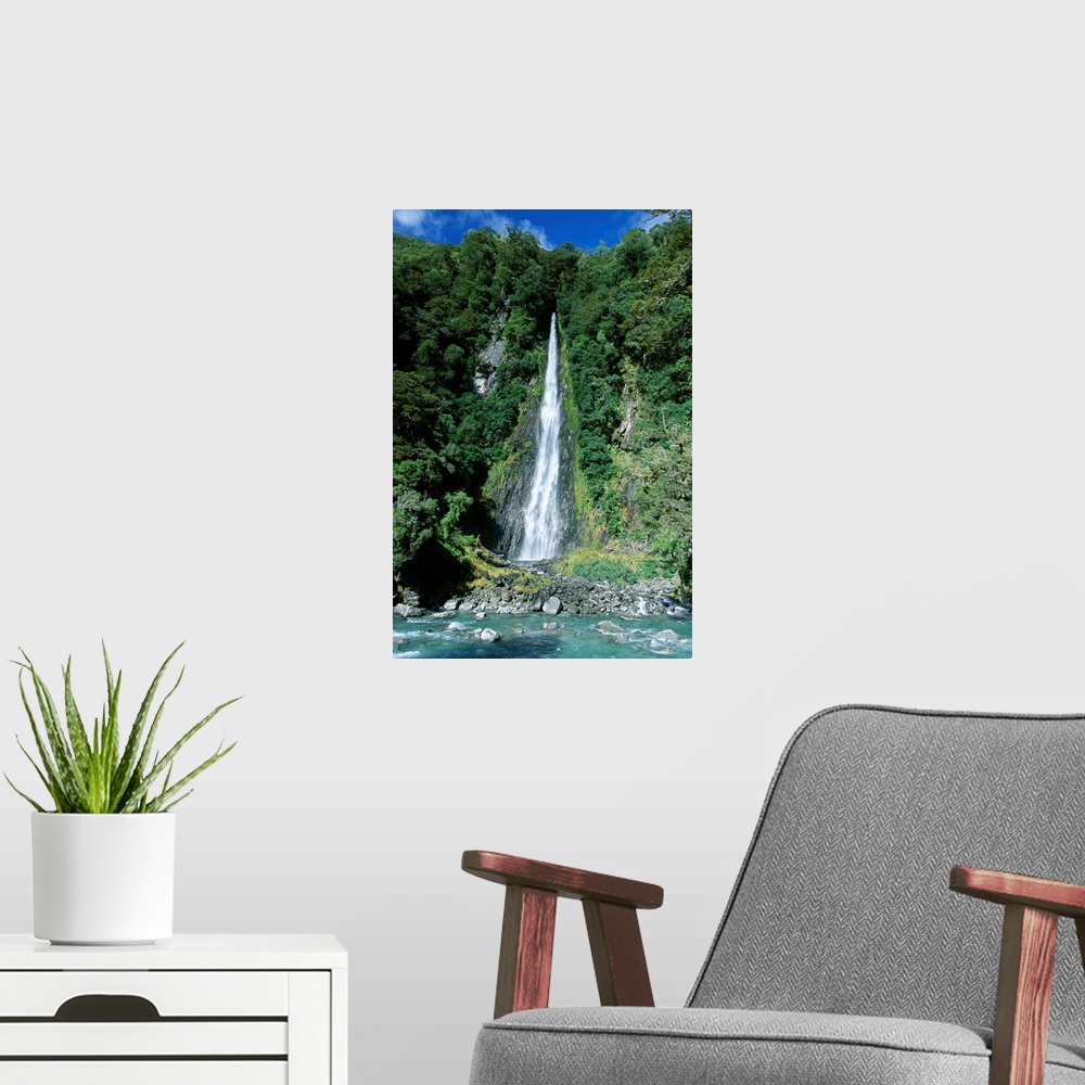 A modern room featuring Fantail waterfall by the Makarpra River, west Otago, New Zealand