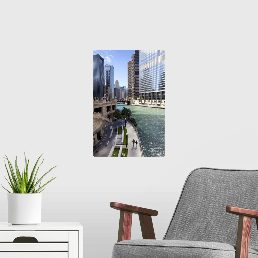 A modern room featuring Glass towers along the Chicago River, Chicago, Illinois