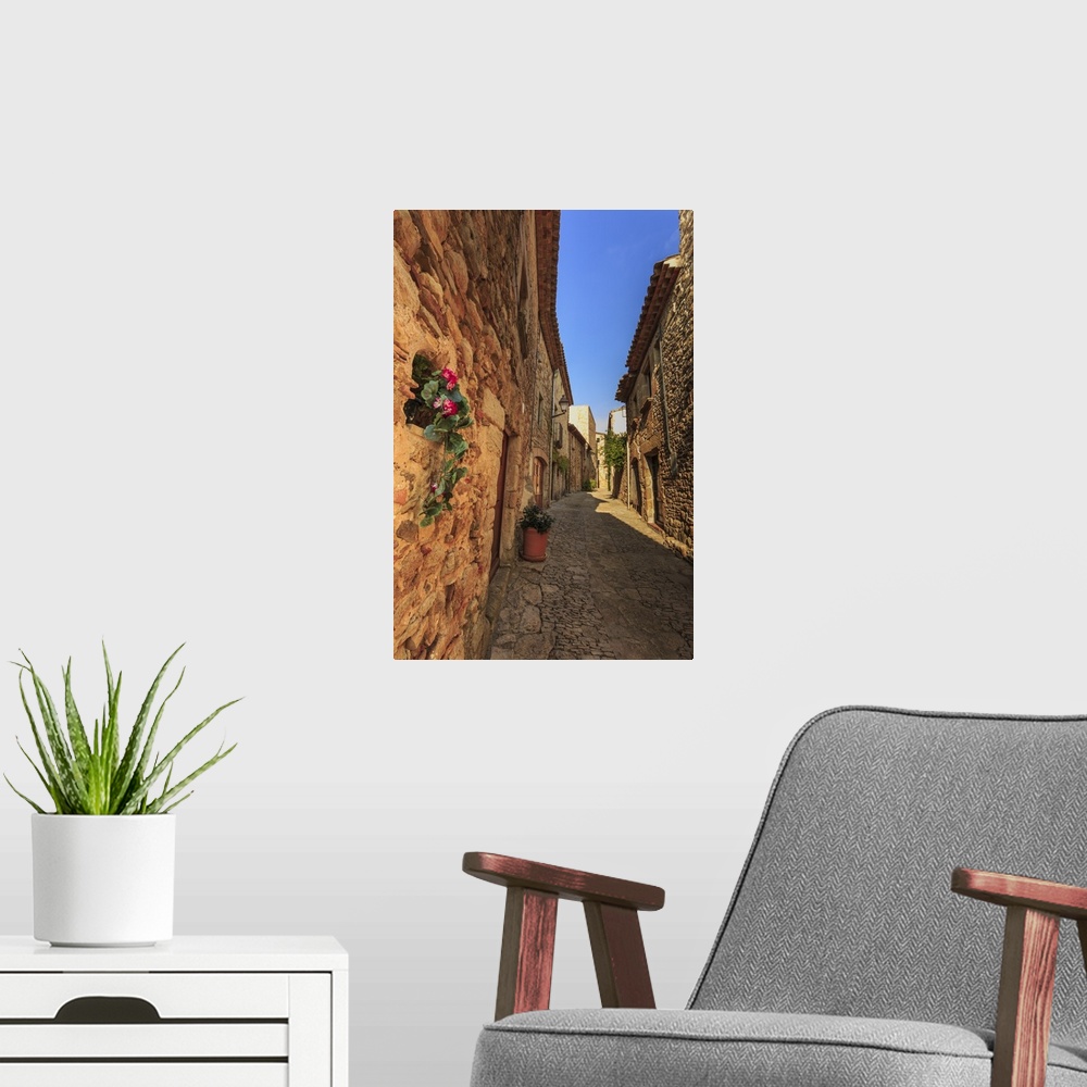 A modern room featuring Gorgeous medieval village, cobblestone narrow lane and flowers, Peratallada, Baix Emporda, Girona...