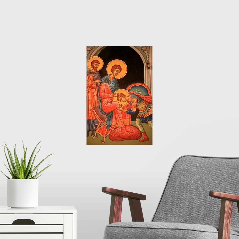 A modern room featuring Greek Orthodox icon depicting St. Nestor and St. Dimitrios, Greece
