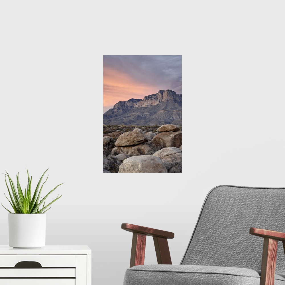 A modern room featuring Guadalupe Peak and El Capitan at sunset, Guadalupe Mountains National Park, Texas