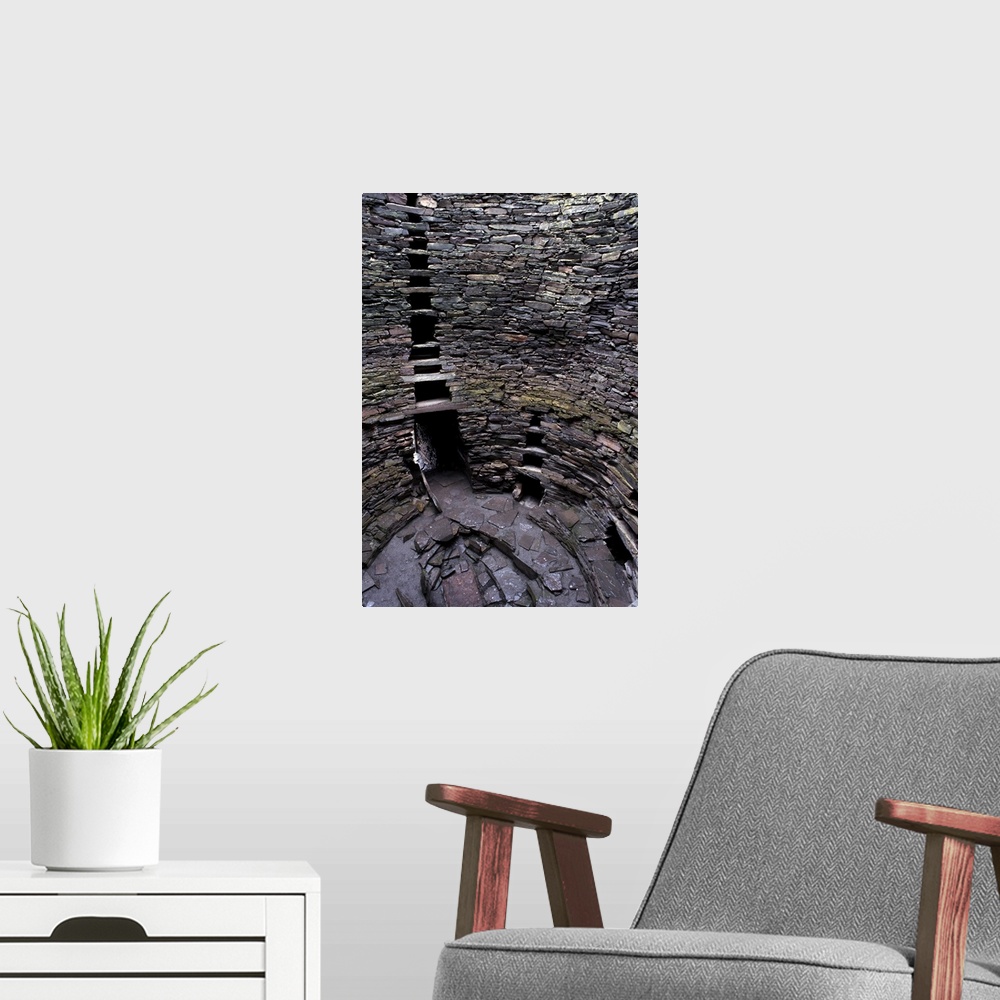 A modern room featuring Hollow walls and water tank, Mousa Broch, best preserved of all brochs, standing 12-13 m high, in...