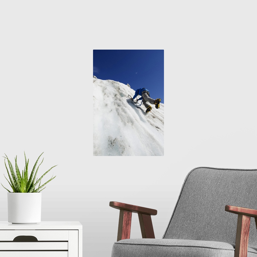 A modern room featuring Ice climber at Mer de Glace glacier, Chamonix, Haute-Savoie, French Alps, France, Europe