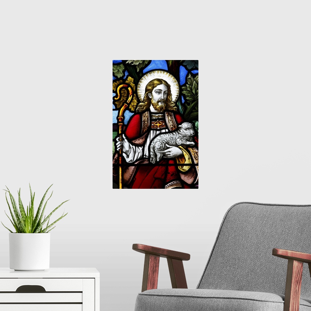 A modern room featuring Jesus the Good Shepherd, 19th century stained glass in St. John's Anglican church, Sydney, New So...